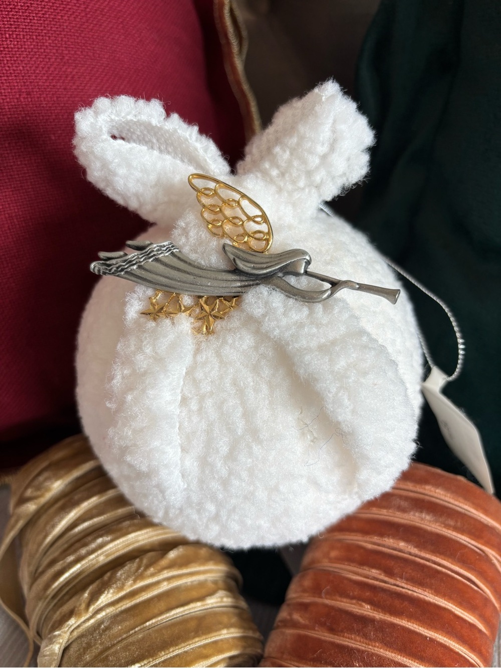 White Plush Ornament with Decorative Gold & Silver Angel Brooch